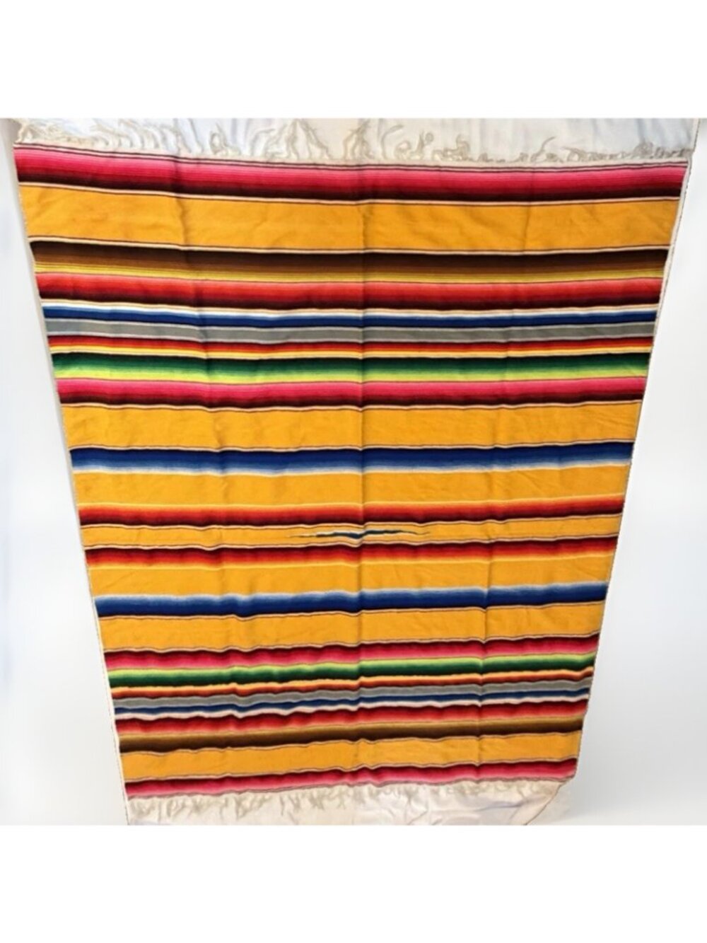 Vintage 80s Yellow Mexican Serape Blanket Colorful Stripes Boho Fringe 82" x 60 - Picture 2 of 16